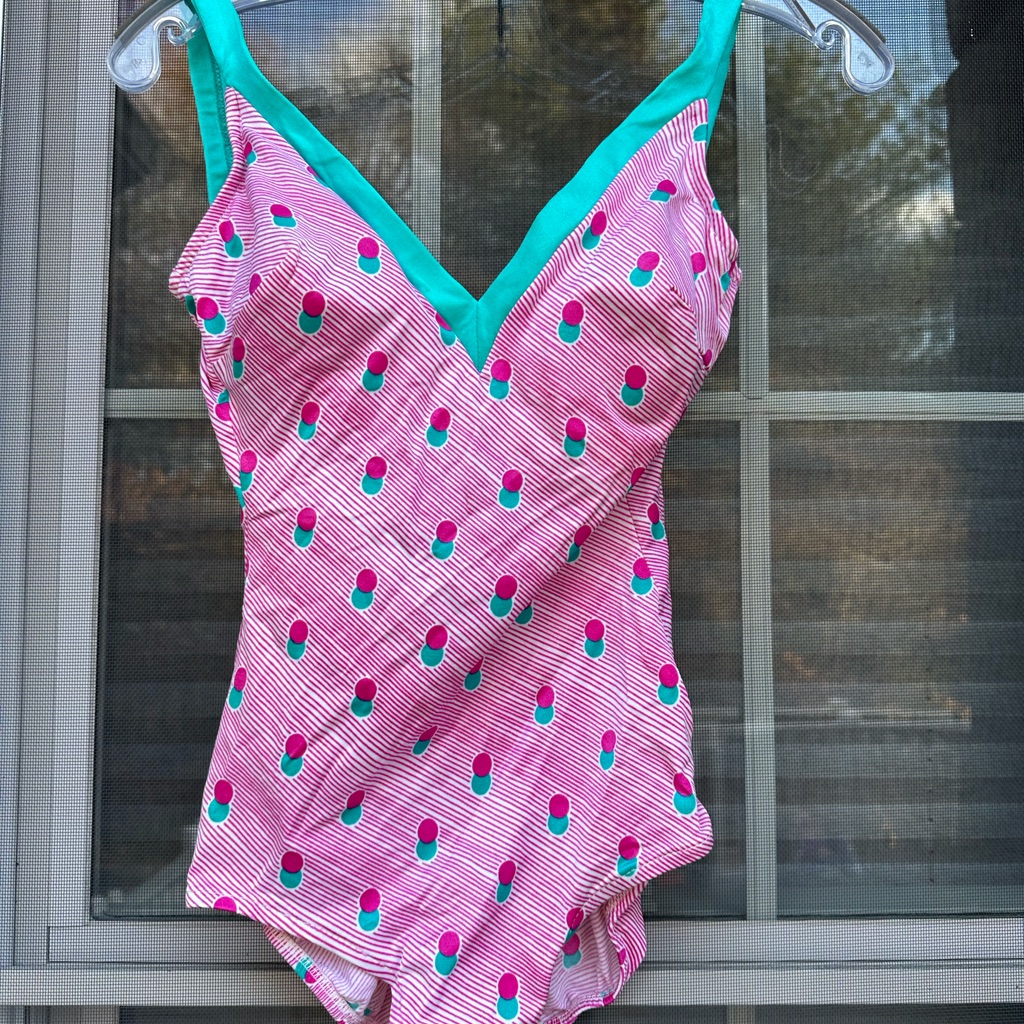 Vintage Gabar Cherries/ Striped Built In Bra One Piece Swimsuit Us 8